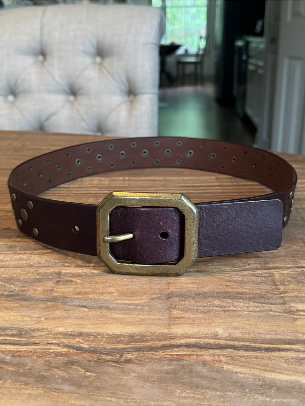Gail Labelle Thick Brown Leather Waist Belt Brass Buckle Studded Western XL